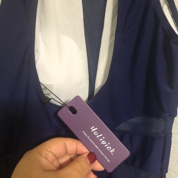 Holipick high neck mesh cutout swimsuit small navy blue new - Picture 4 of 15